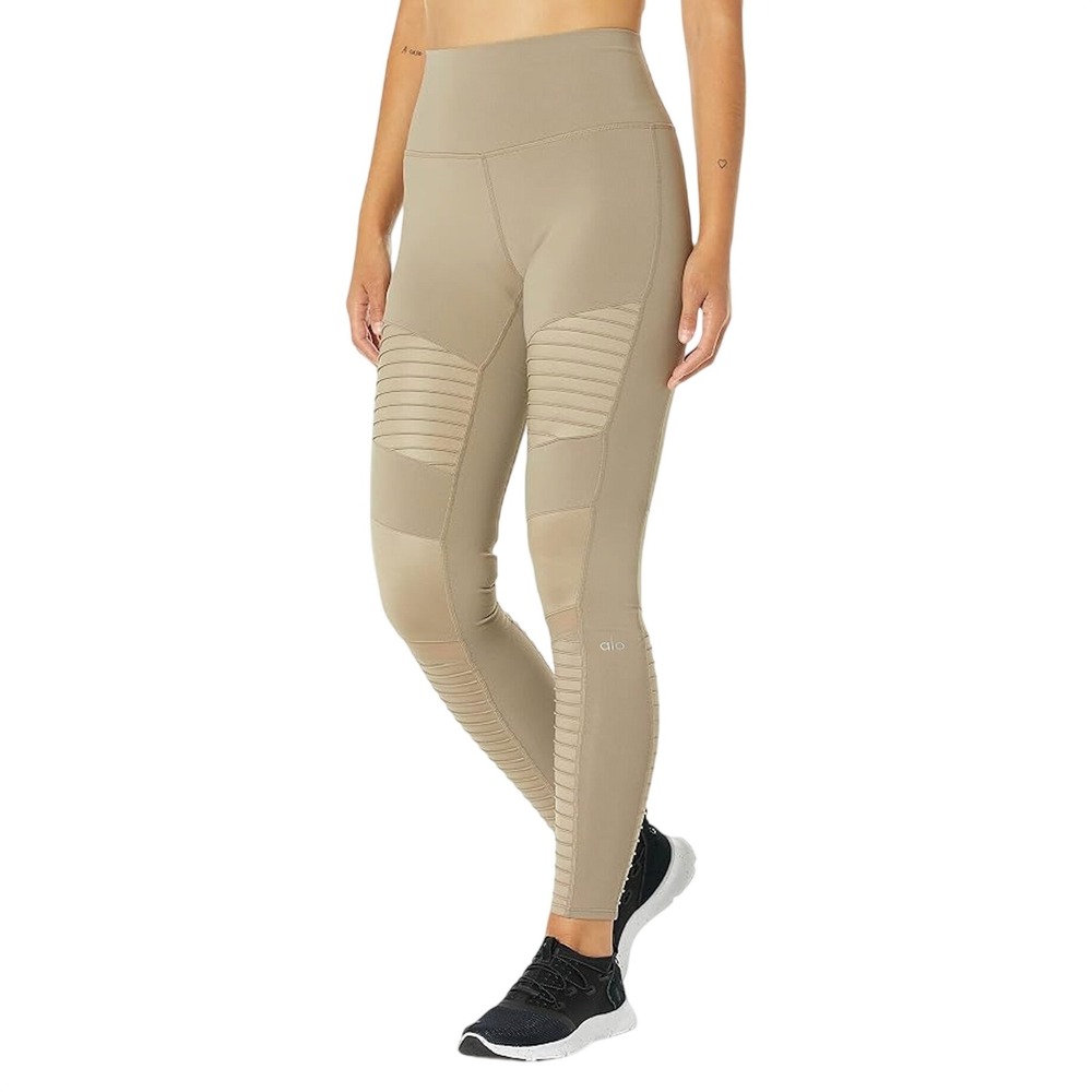 Alo Yoga High Waist Moto Leggings Gravel Tan Ribbed Mesh XS